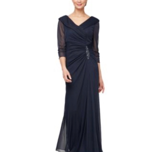 NWT Alex Evenings Navy Maxi Dress with Sheer Sleeves - Picture 1 of 11